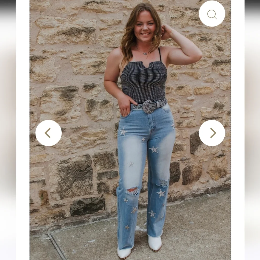 Why Dress NWT Embroidered Embellished Star Light Blue Denim Wide Leg Jeans Large - Picture 2 of 10